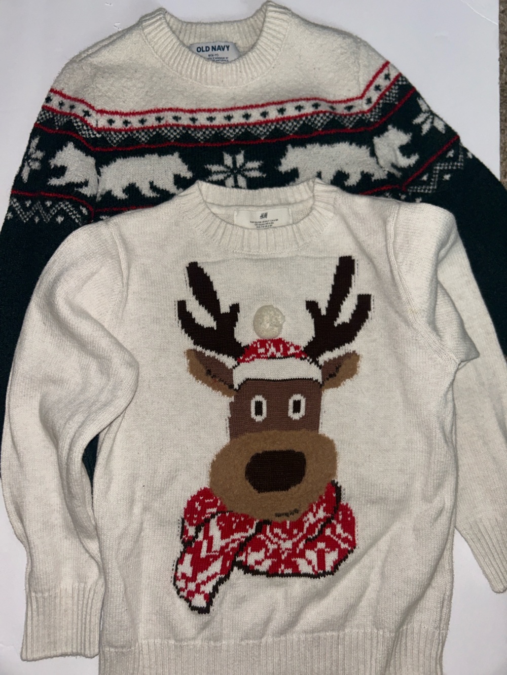 H&M Cream Kids Reindeer Knit Sweater with Red Scarf Bundle of Two
